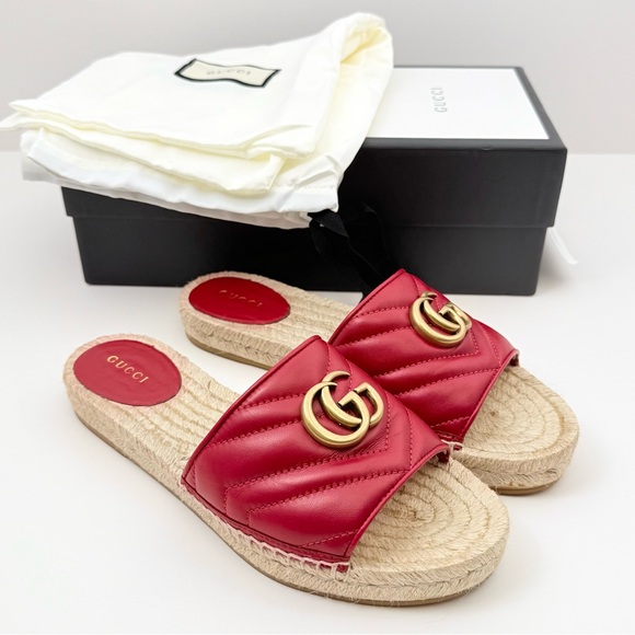 Gucci Charlotte Matelesse Espadrille Marmont Slide Sandal Hibiscus Red Leather 8 - Picture 2 of 16